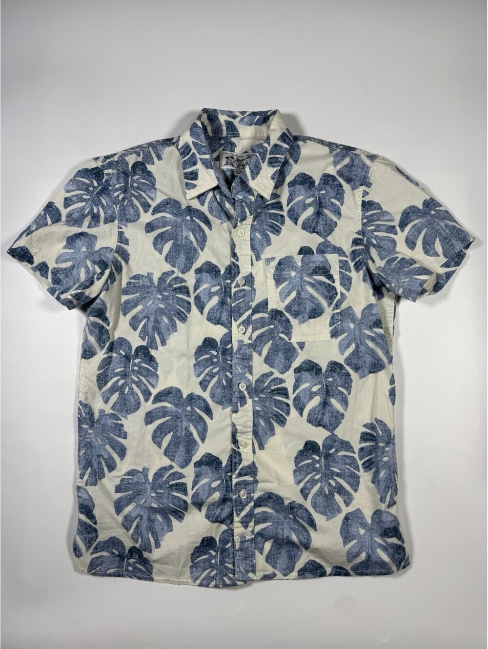 American Eagle Mens S Tropical Monstera Leaf Print Button Down Shirt Blue Cream